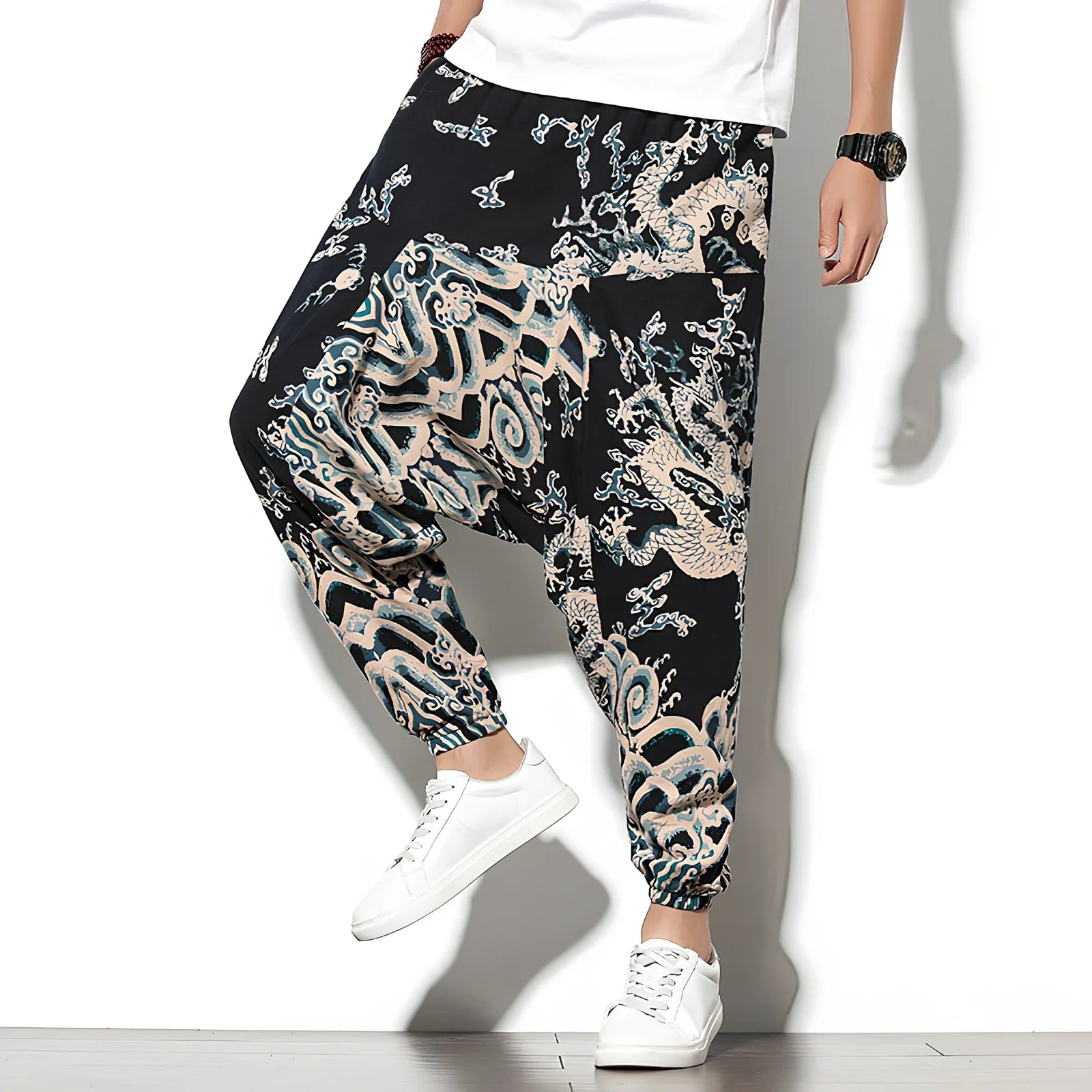 Summer bohemian loose wide-leg cotton trousers in Tibetan blue elephant flower print, mid-waist nine-point length 70-82cm, sizes M-5XL