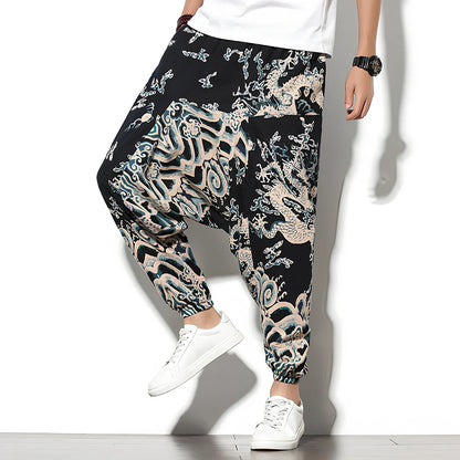 Summer bohemian loose wide-leg cotton trousers in Tibetan blue elephant flower print, mid-waist nine-point length 70-82cm, sizes M-5XL