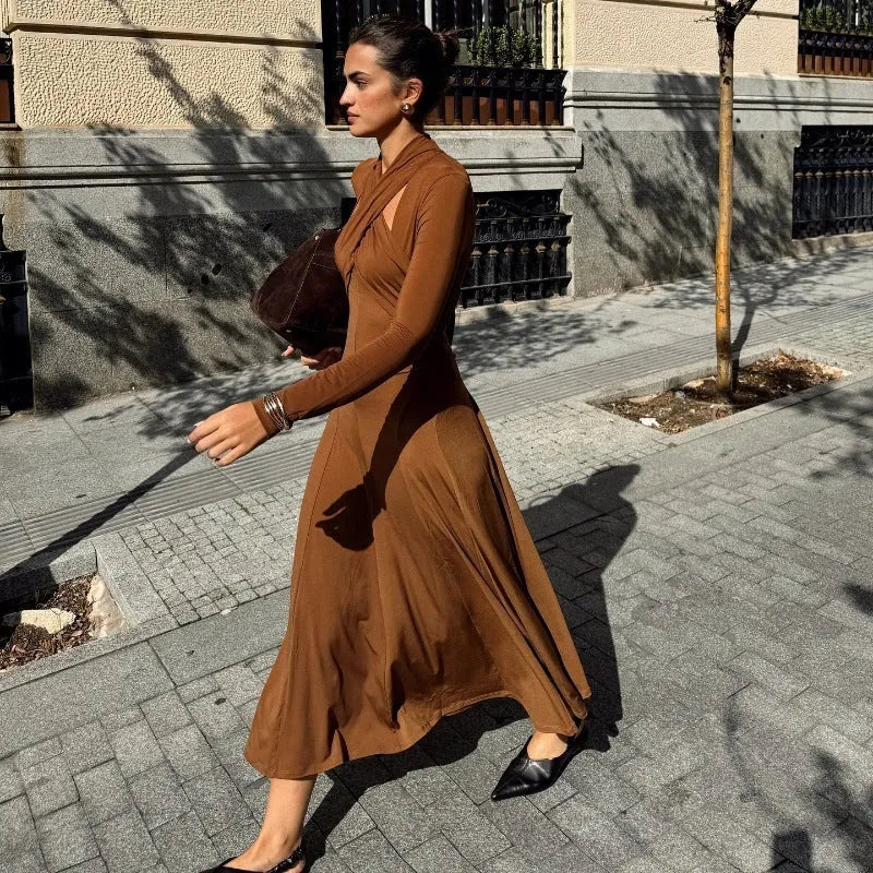 Fashion slim fit brown halter long sleeve dress with high waist princess silhouette