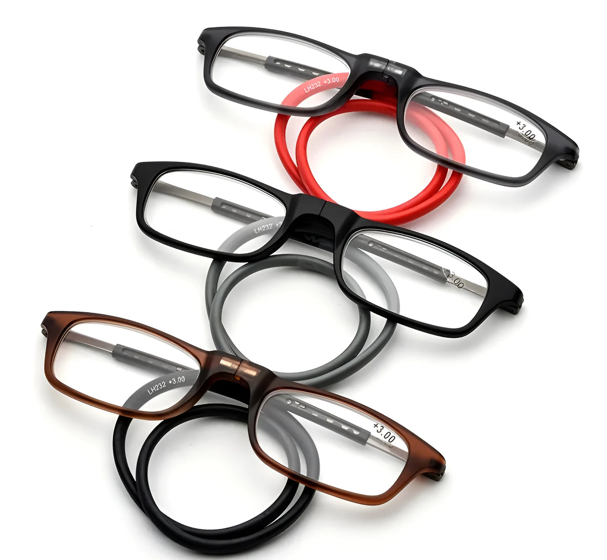 Portable magnetic reading glasses in pure titanium full frame with gray frame and red legs, adjustable neck hang design
