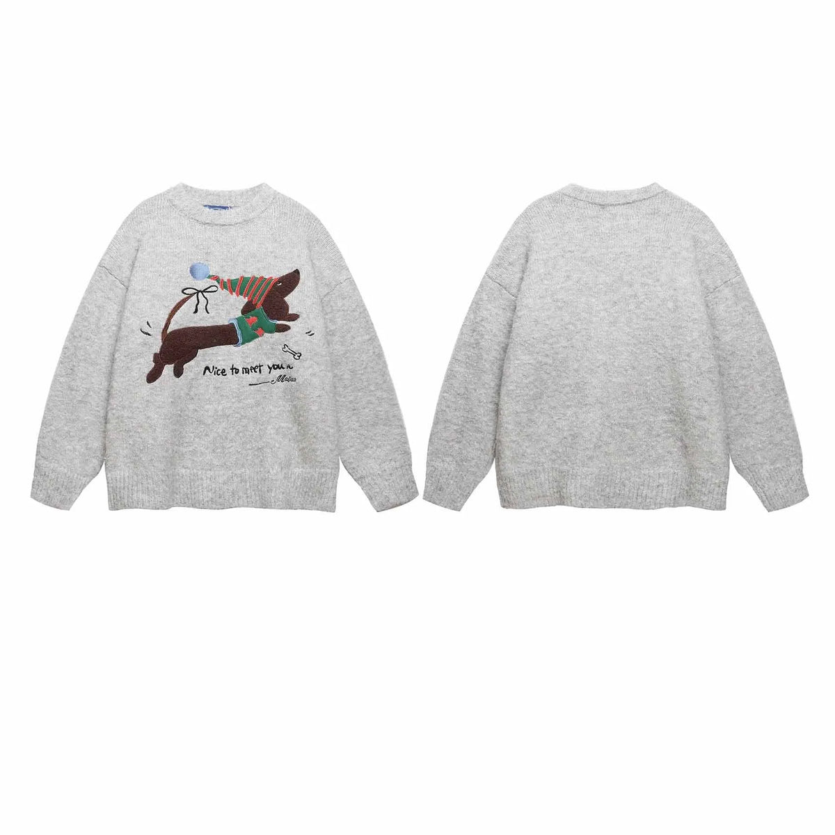 Gray American retro round neck sweater with Christmas hat puppy embroidery design for teenagers, loose fit, polyester fabric
