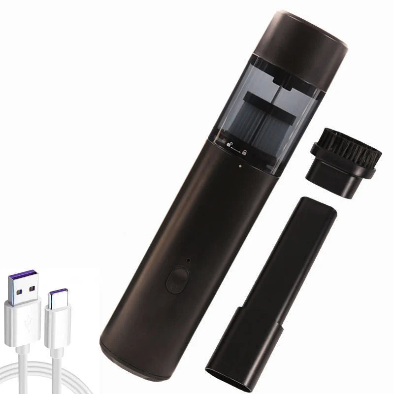 Mini car vacuum cleaner with wireless charging in black and white