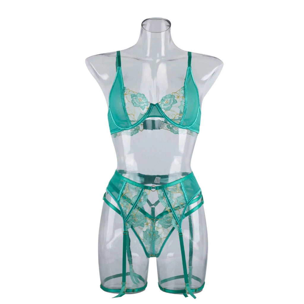 Light green women's embroidery bra set with three-point tights design showing SML size options