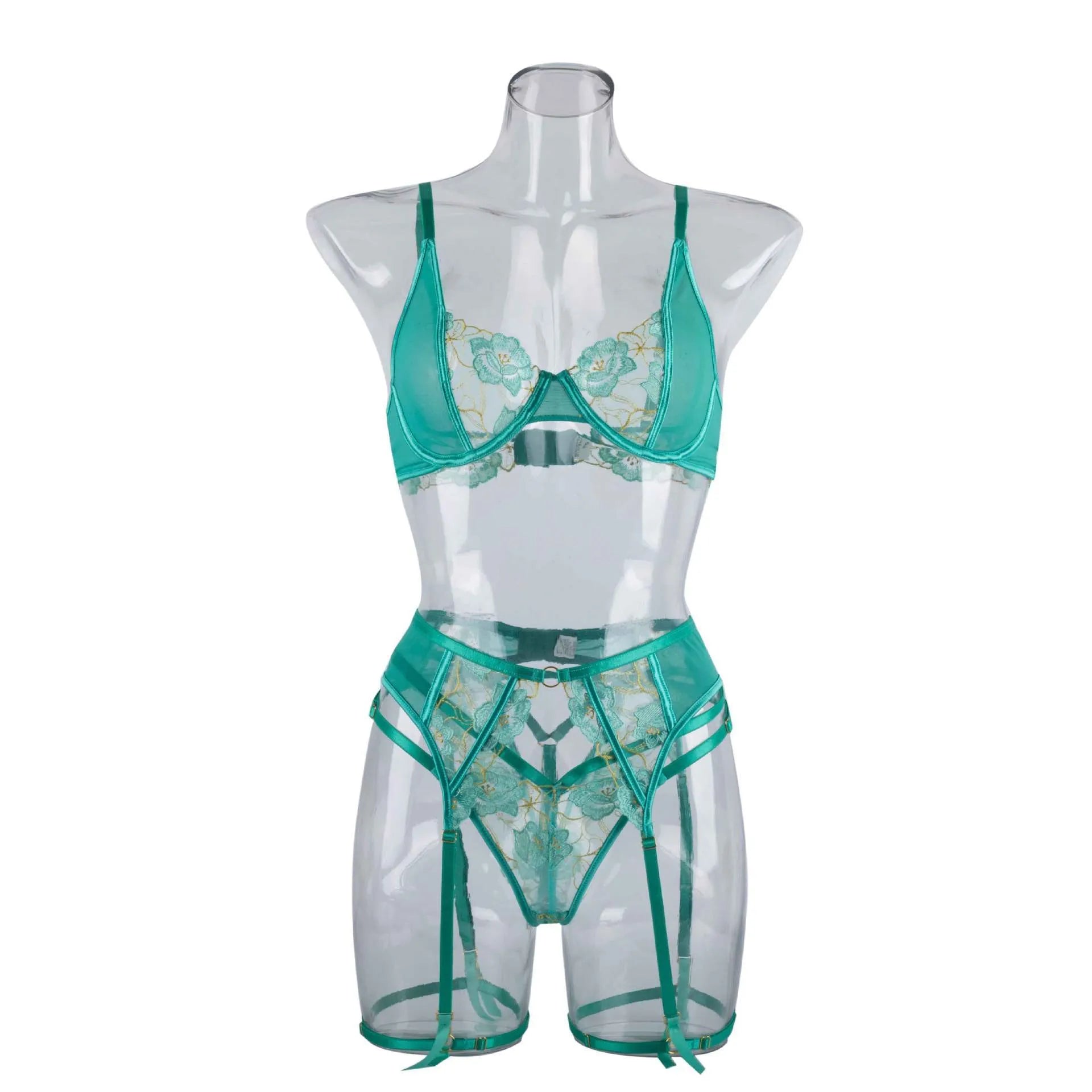 Light green women's embroidery bra set with three-point tights design showing SML size options