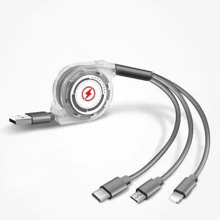 Black telescopic charging cable extended to full length showing three different connector types