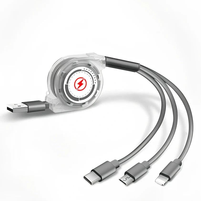 Black 3-in-1 telescopic charging cable extended to 120cm with three titanium alloy connectors for multi-device use