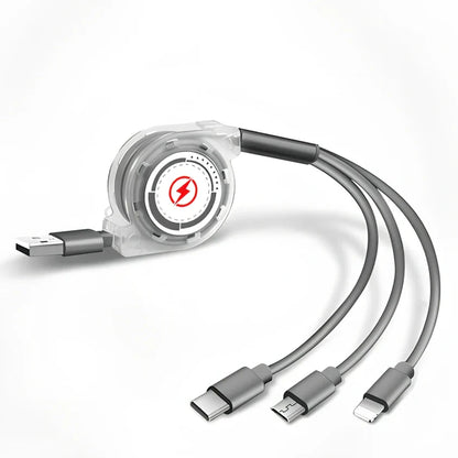 Black 3-in-1 telescopic charging cable extended to 120cm with three titanium alloy connectors for multi-device use