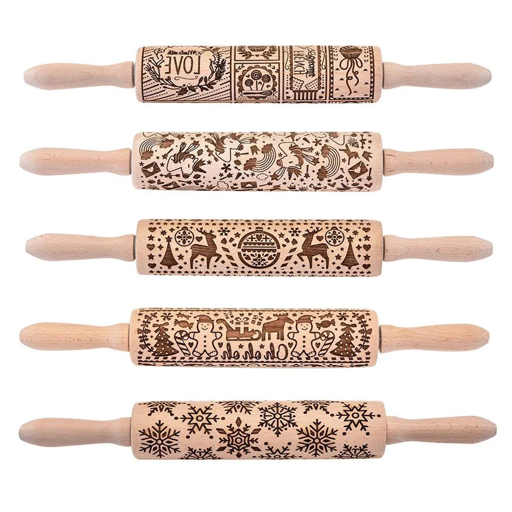 Christmas Snowflake Rolling Pin with detailed engraving on natural hardwood