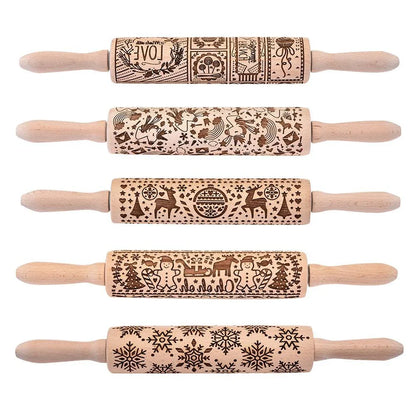 Christmas Snowflake Rolling Pin with detailed engraving on natural hardwood