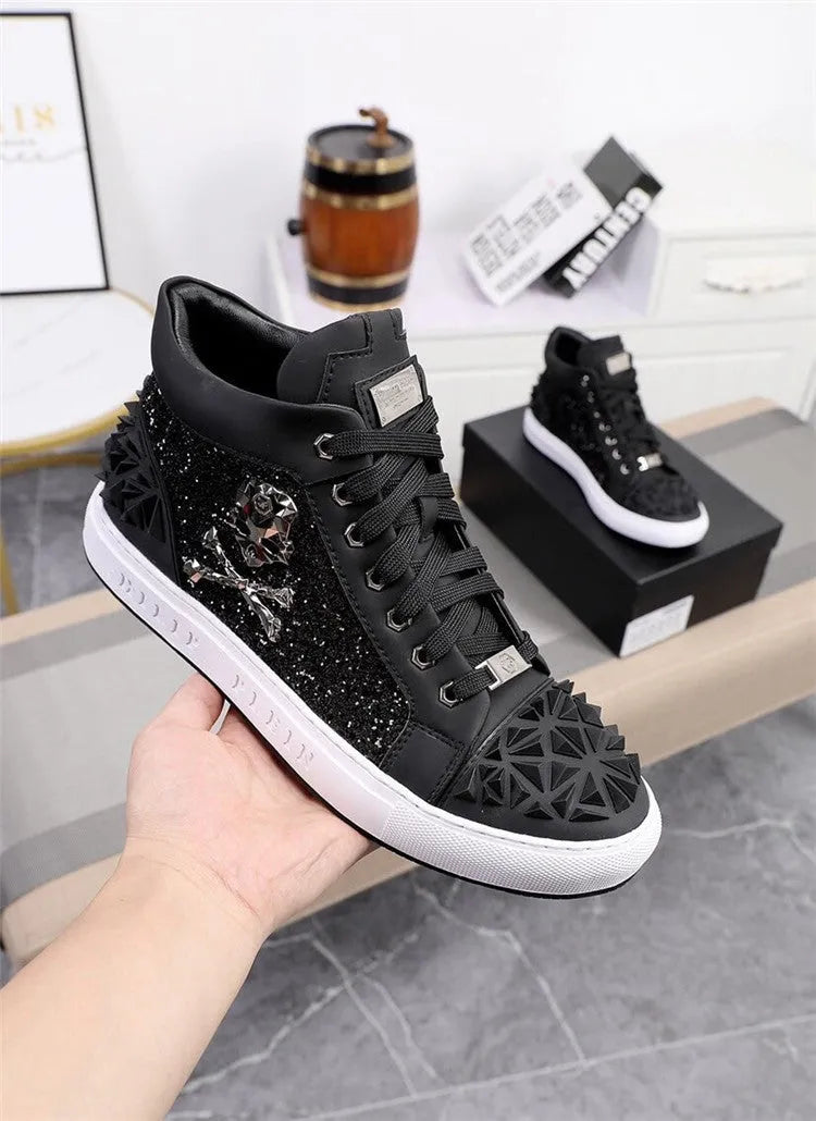 Men's black genuine leather high top skeleton shoes with red laces on a rubber sole.