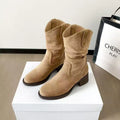 Women's solid colour suede chunky heel ankle boots with platform block heel in khaki colour