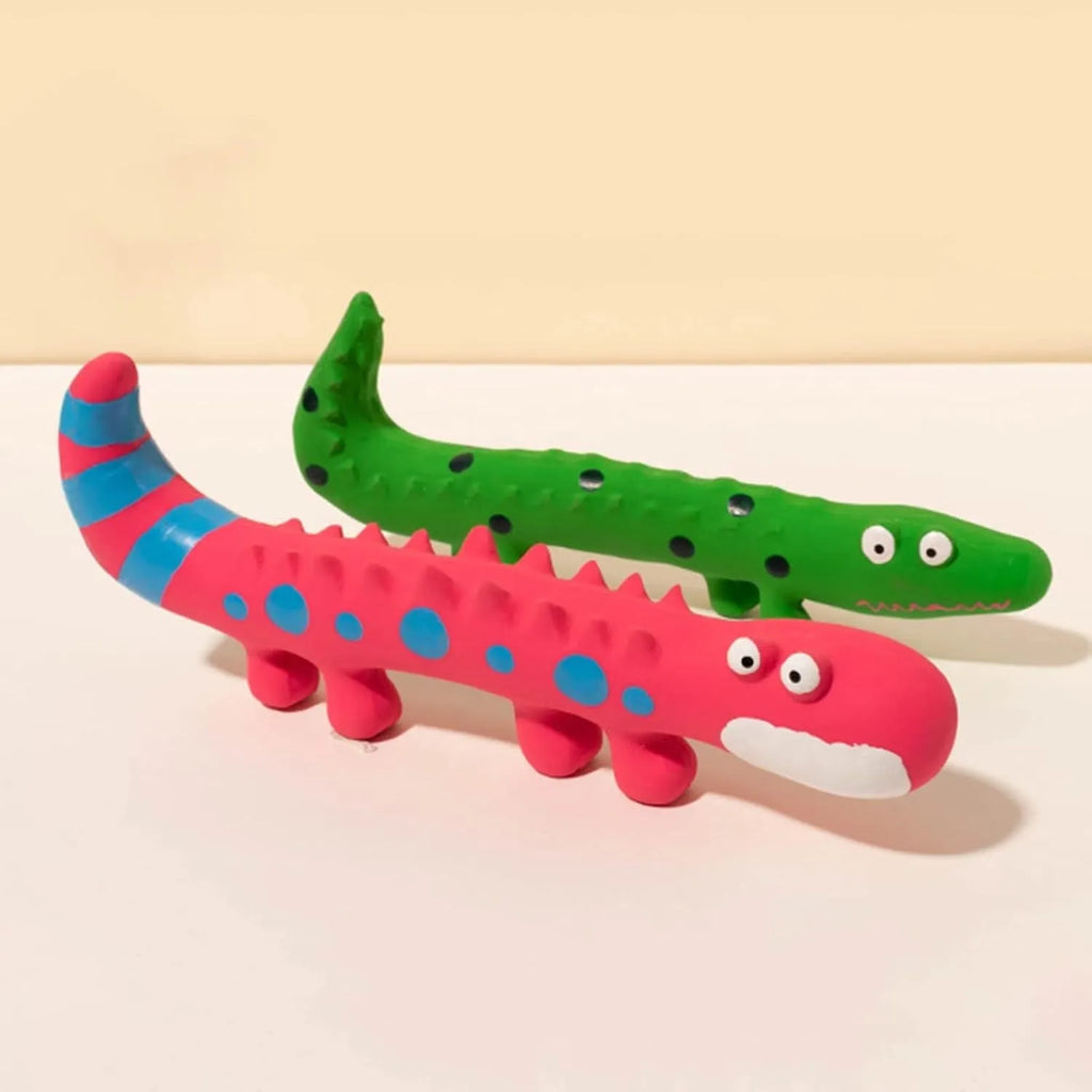 Green lizard-shaped dog chew toy with squeaker function for dental play