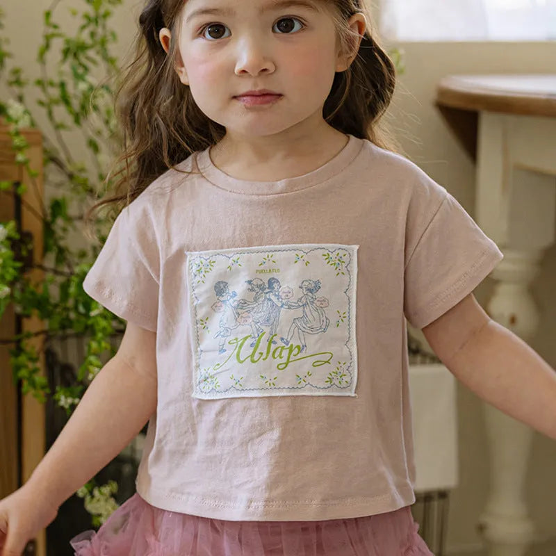 Girls retro pure colour cotton T-shirt with flower patches in pink, suitable for height 90-150cm