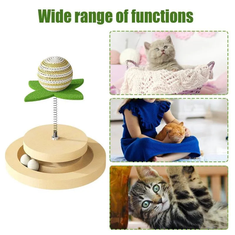 Green sisal cat scratching pad with interactive ball track and springs for indoor feline play