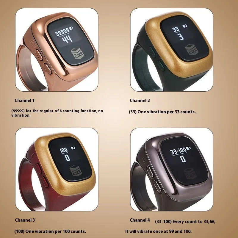 Al-fatiha Zikr electronic counter on wrist showing digital display, available in black, rose gold, silver, wine red, green.