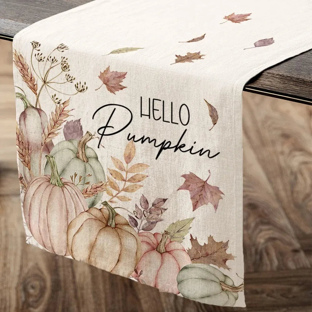 Beige polyester Thanksgiving table runner with floral pattern, size 33x183cm, on a wooden table