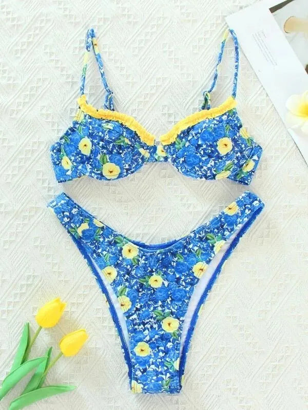 Ladies solid blue backless bikini swimsuit two-piece set polyester fibre