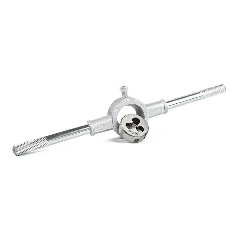 Manual metric hand tap and die set with alloy steel dies and a die holder wrench on blister card.