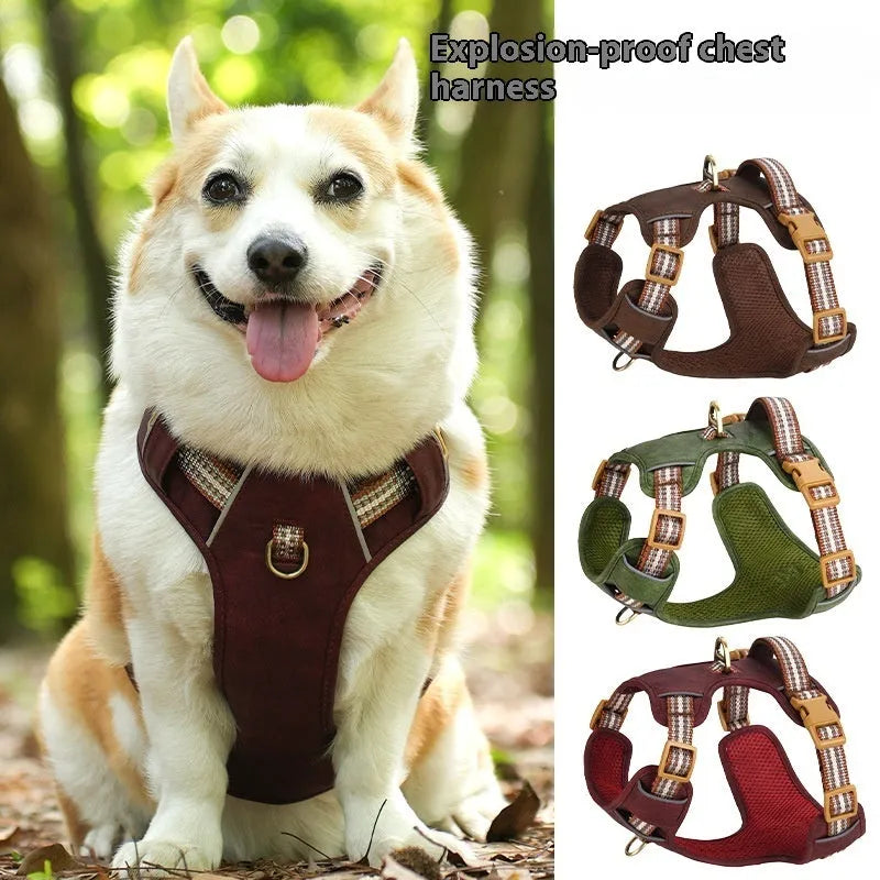 Leather pet harness with reflective elements in chest harness design