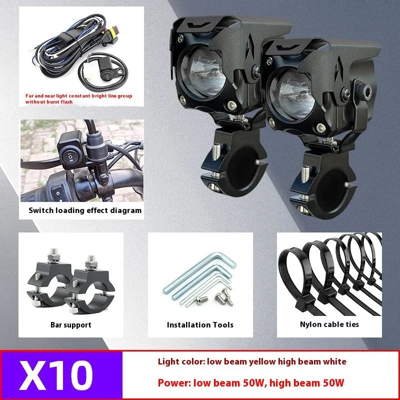 Pair of LED motorcycle spotlights with brackets and wire group for vehicle modification