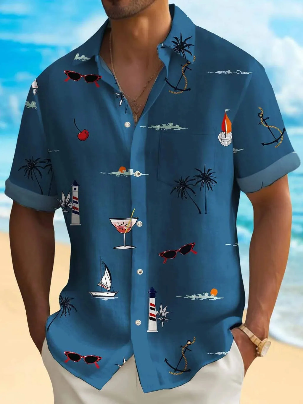 Men's loose-fit Hawaiian short-sleeve shirt in a solid colour with digital printing.