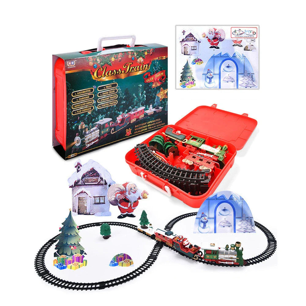 Christmas toy train set with lights and sounds on railway tracks