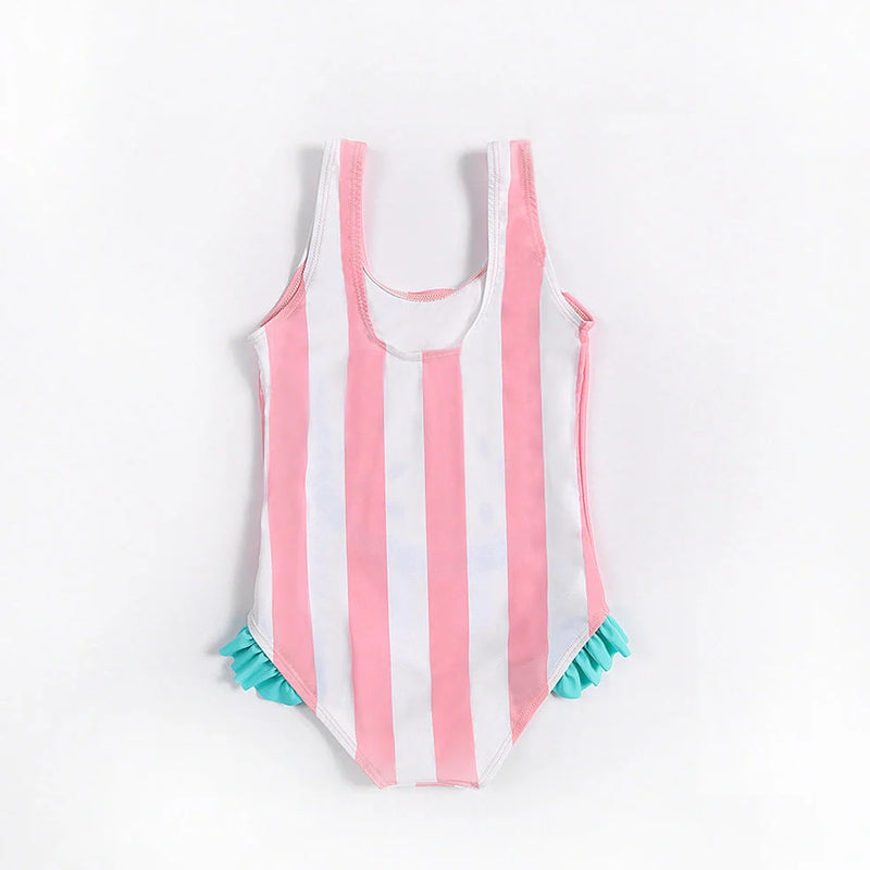 Baby girl's swimming suit with 85% polyester and 75% spandex lining for high elasticity, available in sizes S to XXL for ages 18 months to 9 years, featuring cartoon and floral patterns in pink for swimming and wading sports.