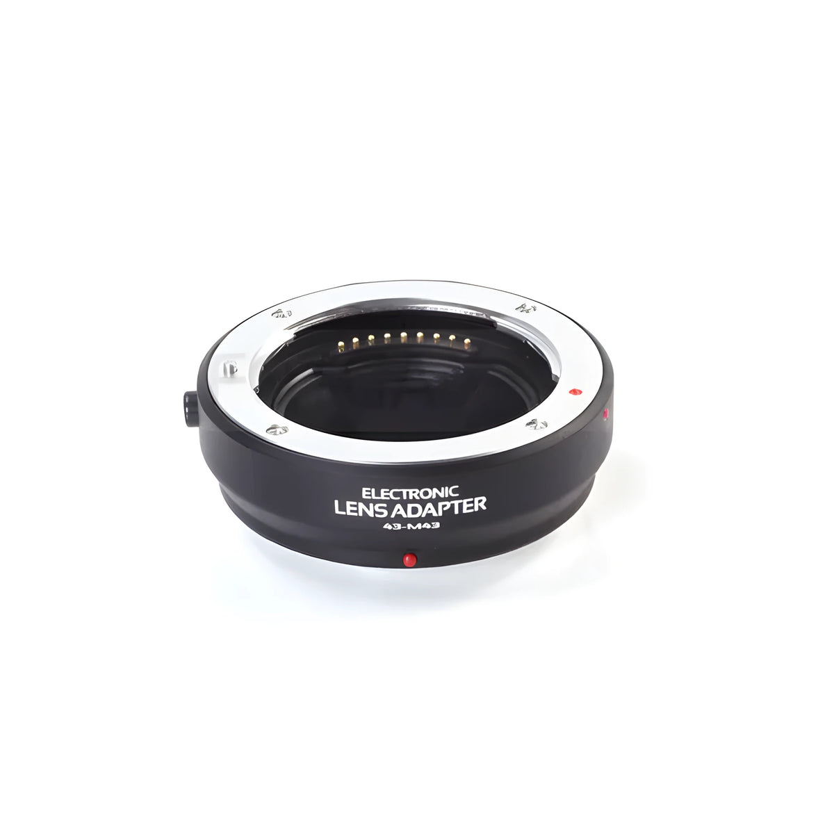 Black electronic adapter ring for Olympus 4/3 lenses to Micro Four Thirds cameras with metal bayonet