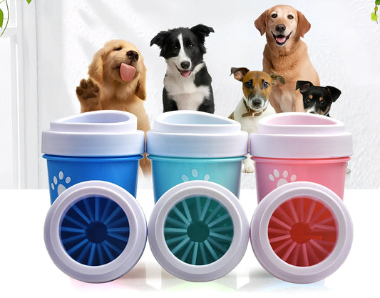 Blue silicone dog paw cleaning cup with soft bristles and stable base design