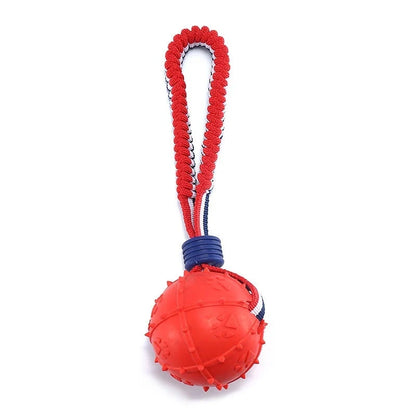 Interactive dog toy ball with rope for teeth cleaning and training in various colors