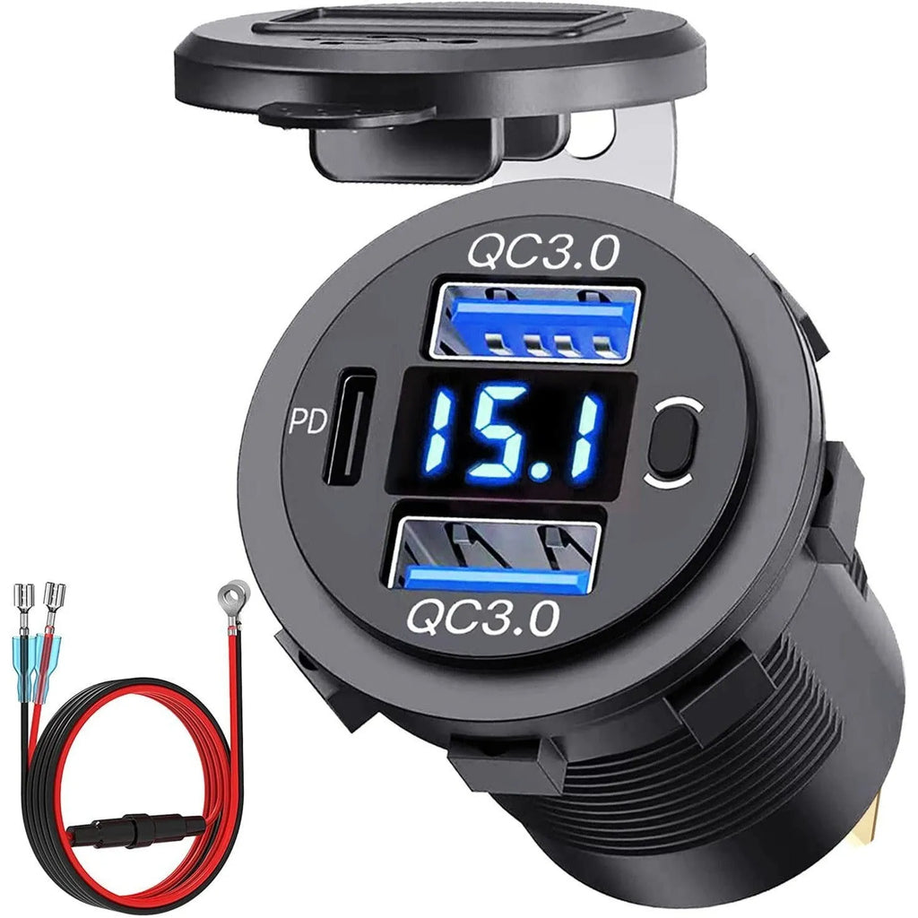 Modified Dual QC Car Phone Charger PD30 with Digital Display in blue with wire