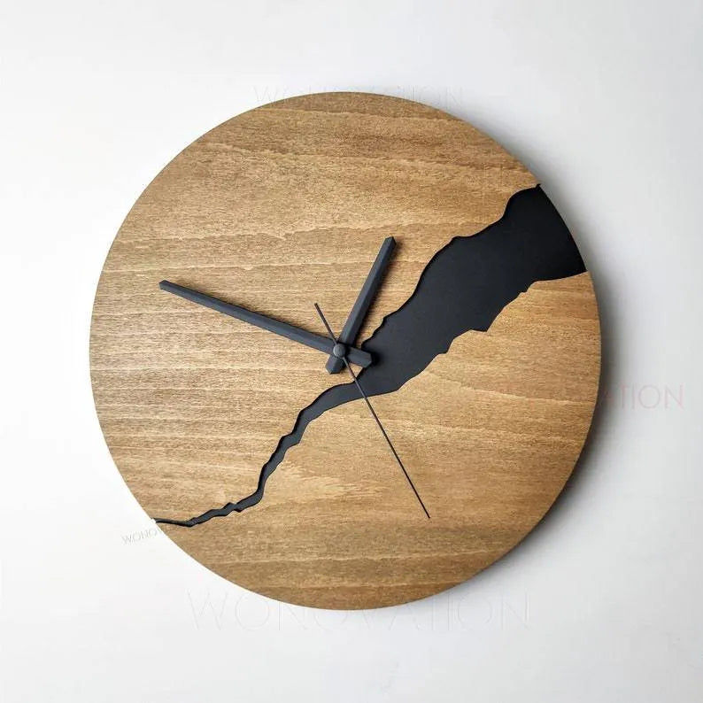 Modern simple wooden wall clock with creative crack design in colour option A.