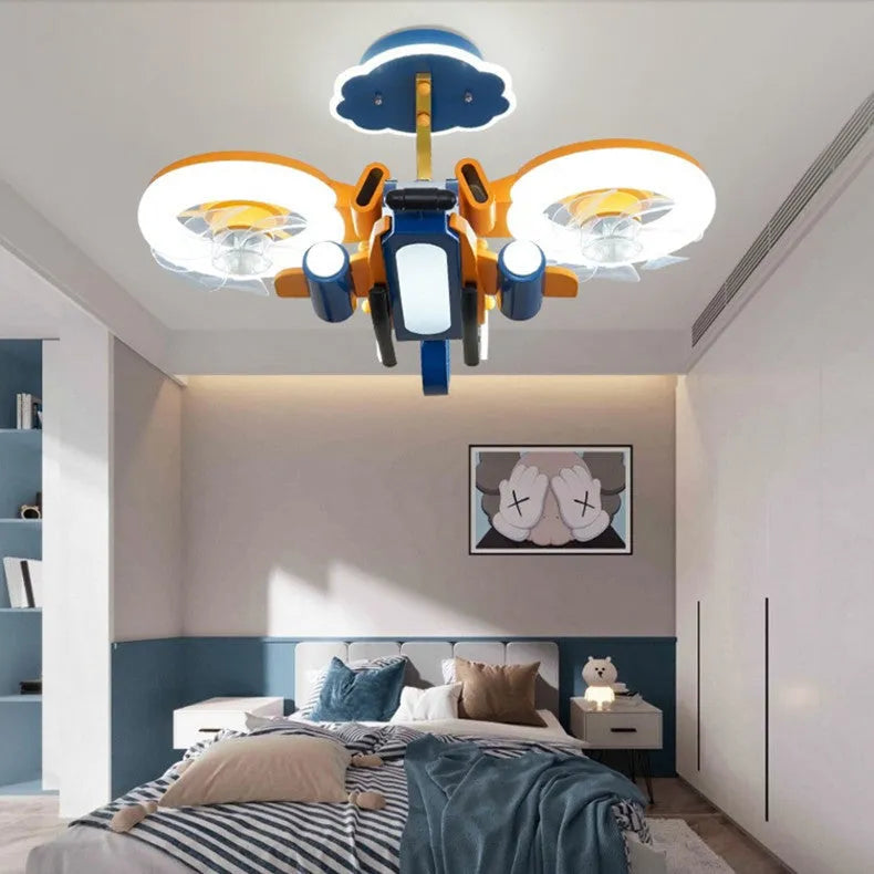 Yellow and blue ceiling fan light with metal blades and acrylic lampshade for bedroom installation