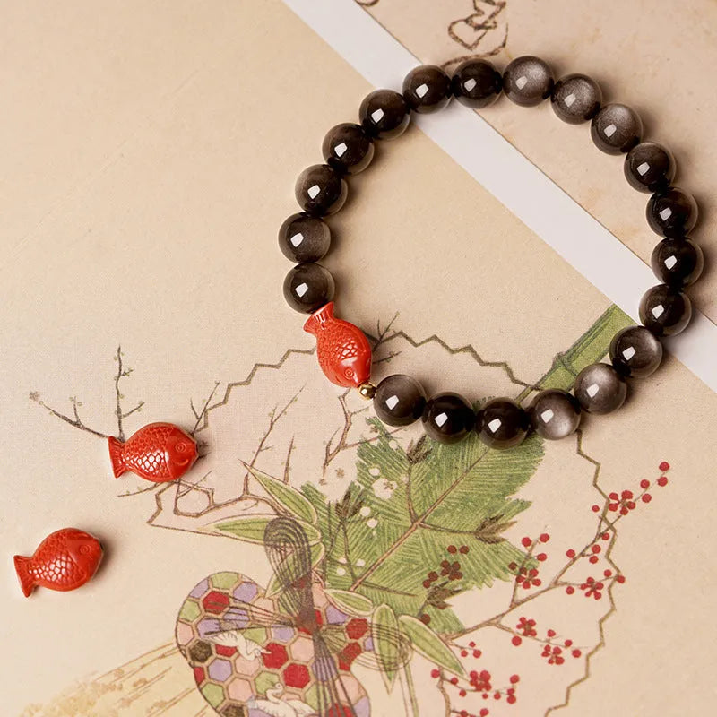 Natural obsidian bracelet with cinnabar fungus pattern on round beads in three size options