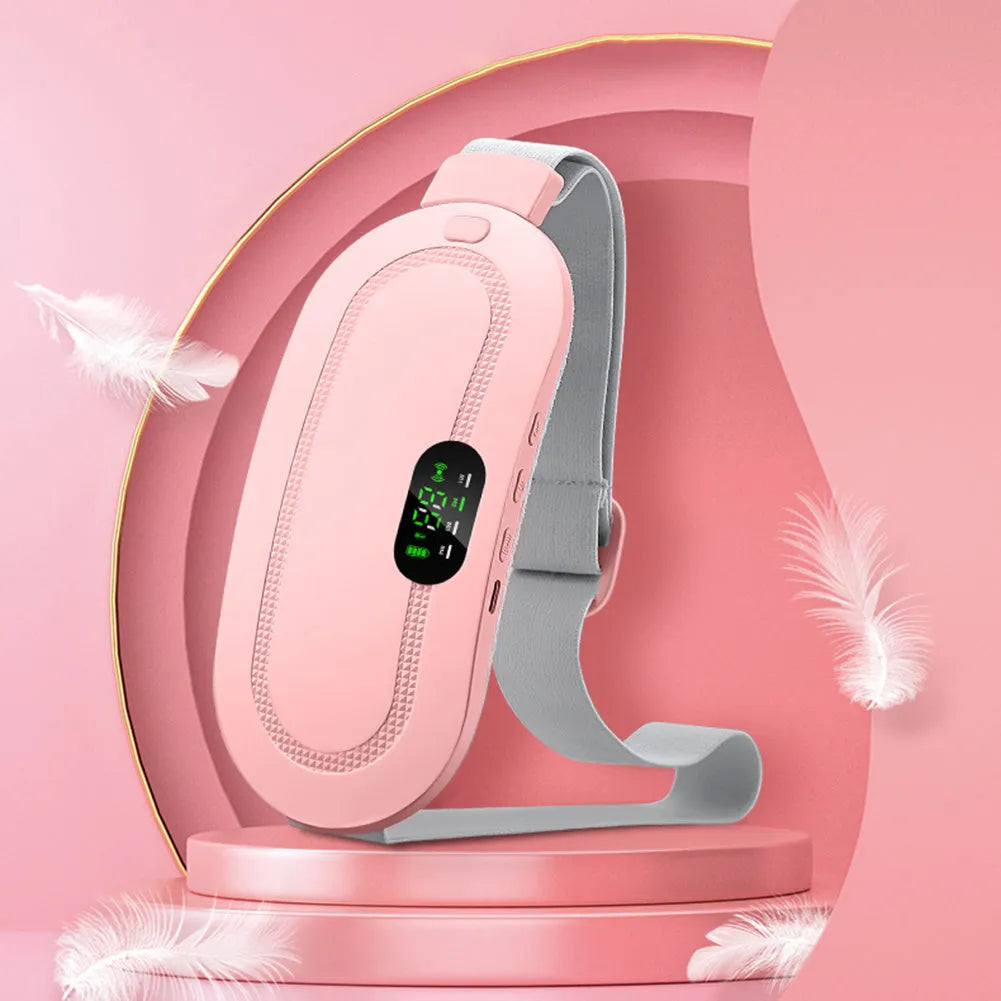 Pink electric heating and massage belt for waist and abdominal pain relief with digital controller.