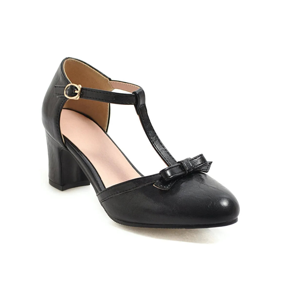 Women's apricot coloured chunky heel sandals with a bow detail and buckle strap on a 6.5cm heel.