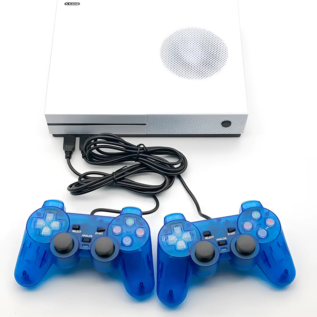 White wired Arcade Xgame joystick TV game console with two controllers, HDMI and AV cables on a table