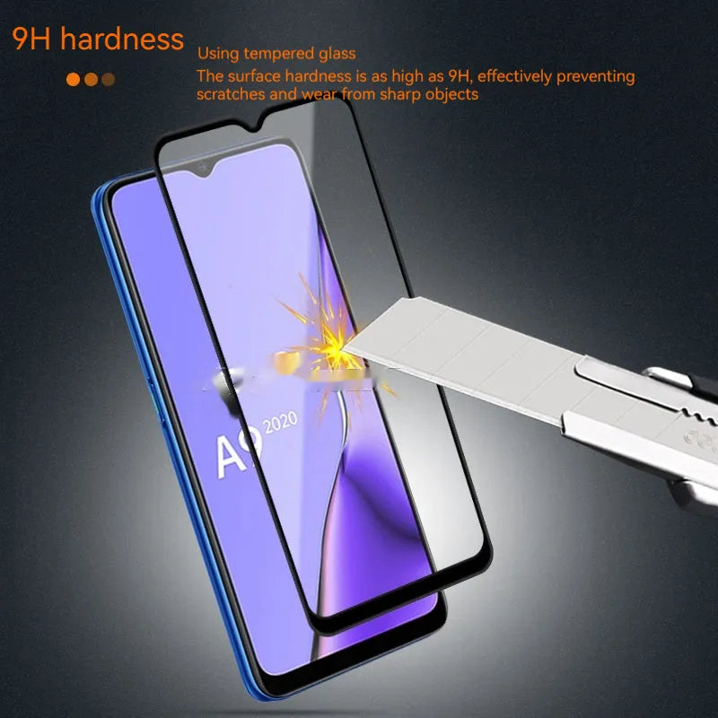 Full screen tempered glass protector for OPPO A9 2020 mobile phone showing full glue black design