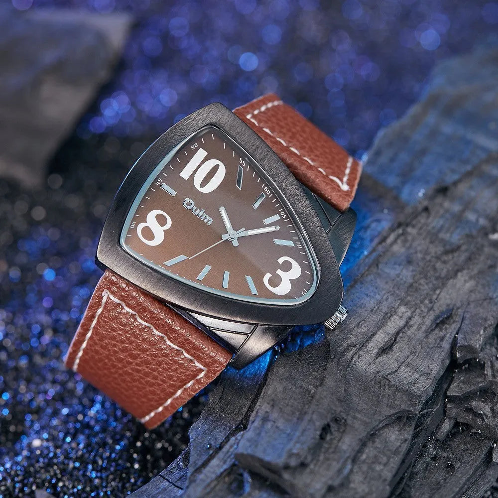 Men's casual triangle belt quartz watch showing brown, black and blue colour options with 9mm thickness
