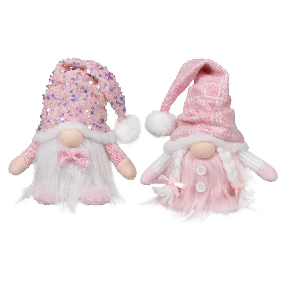 Christmas doll with knitted sequins and luminous glow in pink button ground essence colour, cloth material, cartoon-style plush ornament