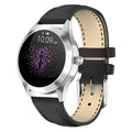 Women's sports smartwatch with heart rate monitoring display showing black, rose gold, silver, and white colour options