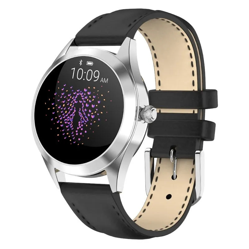 Women's sports smartwatch with heart rate monitoring display showing black, rose gold, silver, and white colour options