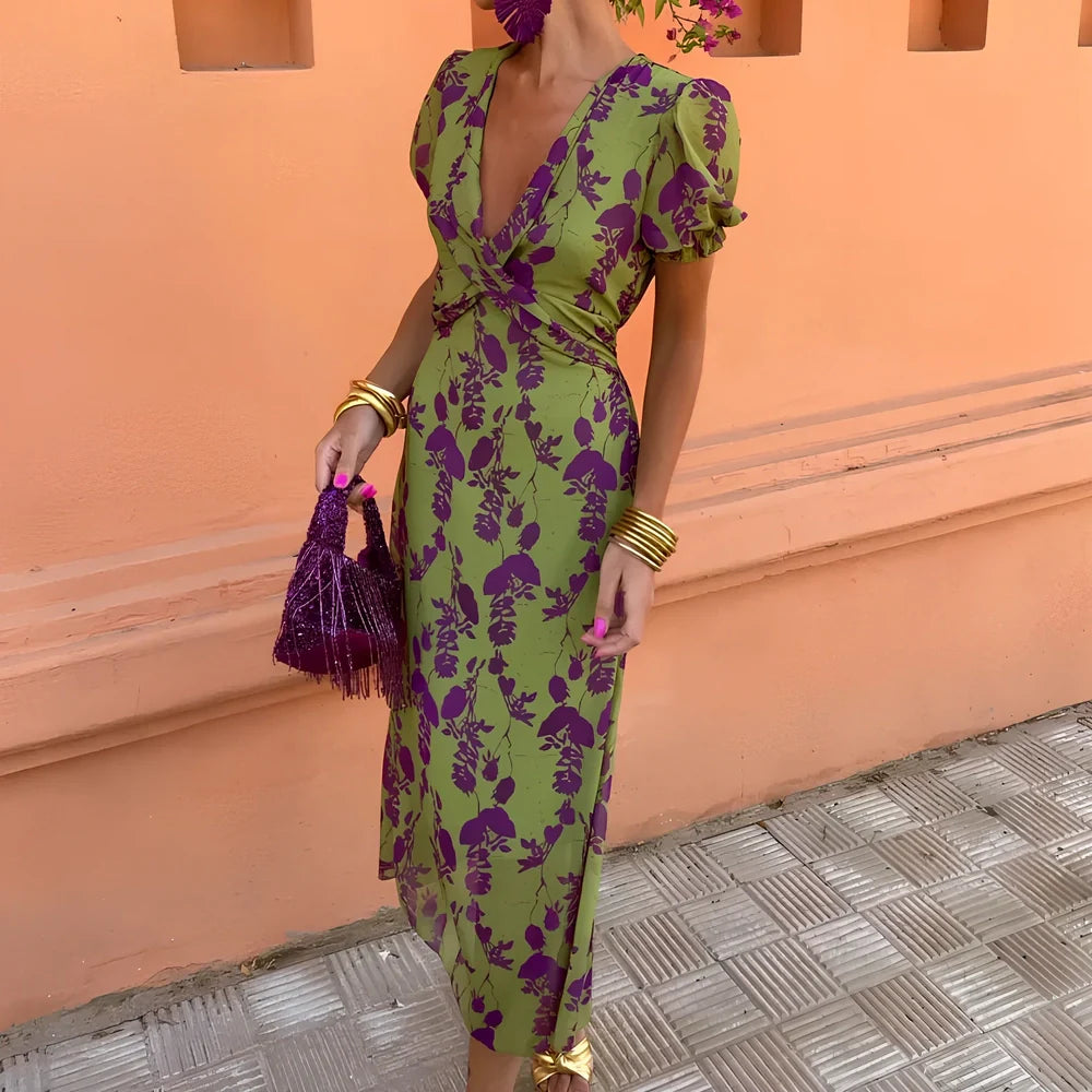 Green floral print V-neck short-sleeved polyester dress, mid-length one-step skirt, sizes S-3XL for women