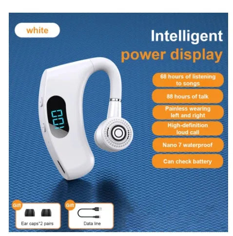 Digital display business earphones in black with charging compartment showing battery level, Bluetooth 5.2