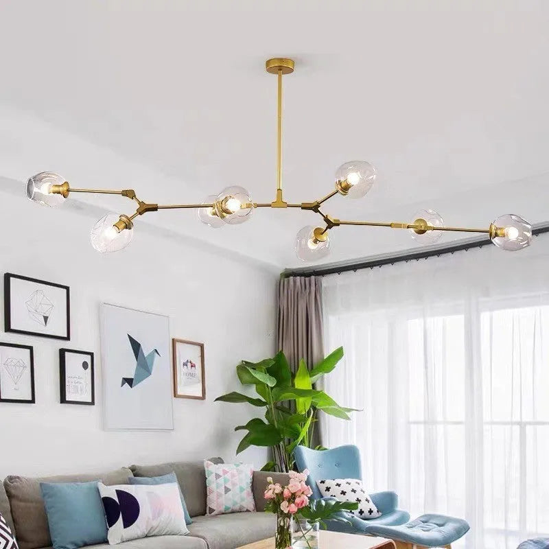Nordic branch ceiling lamp with iron frame and glass shades in Black Transparent finish