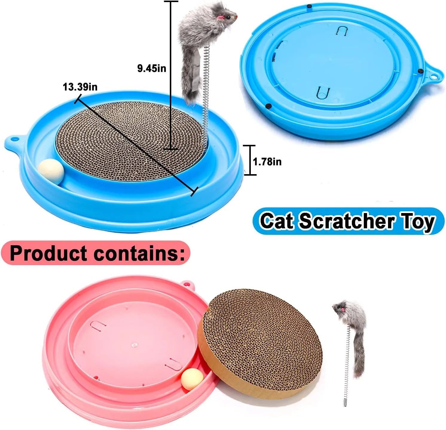 Blue interactive cat scratcher toy with circular ball track and central scratch pad.