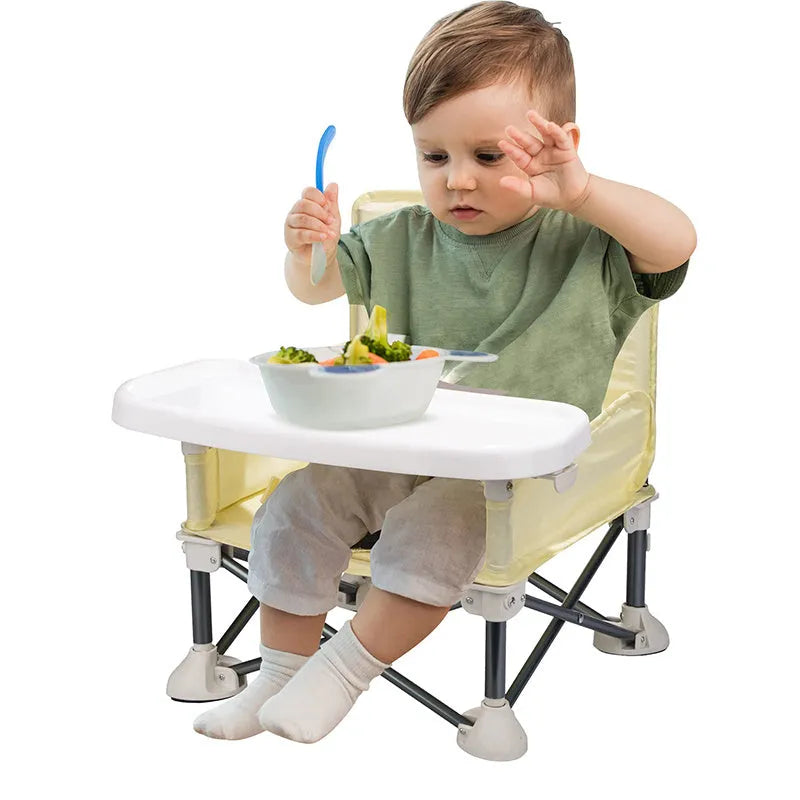 Foldable baby dining chair in folding grey with removable tray and safety belt, includes storage bag