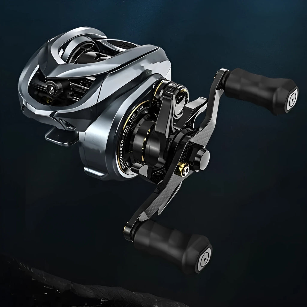 Magnesium frame bait finesse baitcasting reel in Falcon microdroplet colour, left hand retrieve version