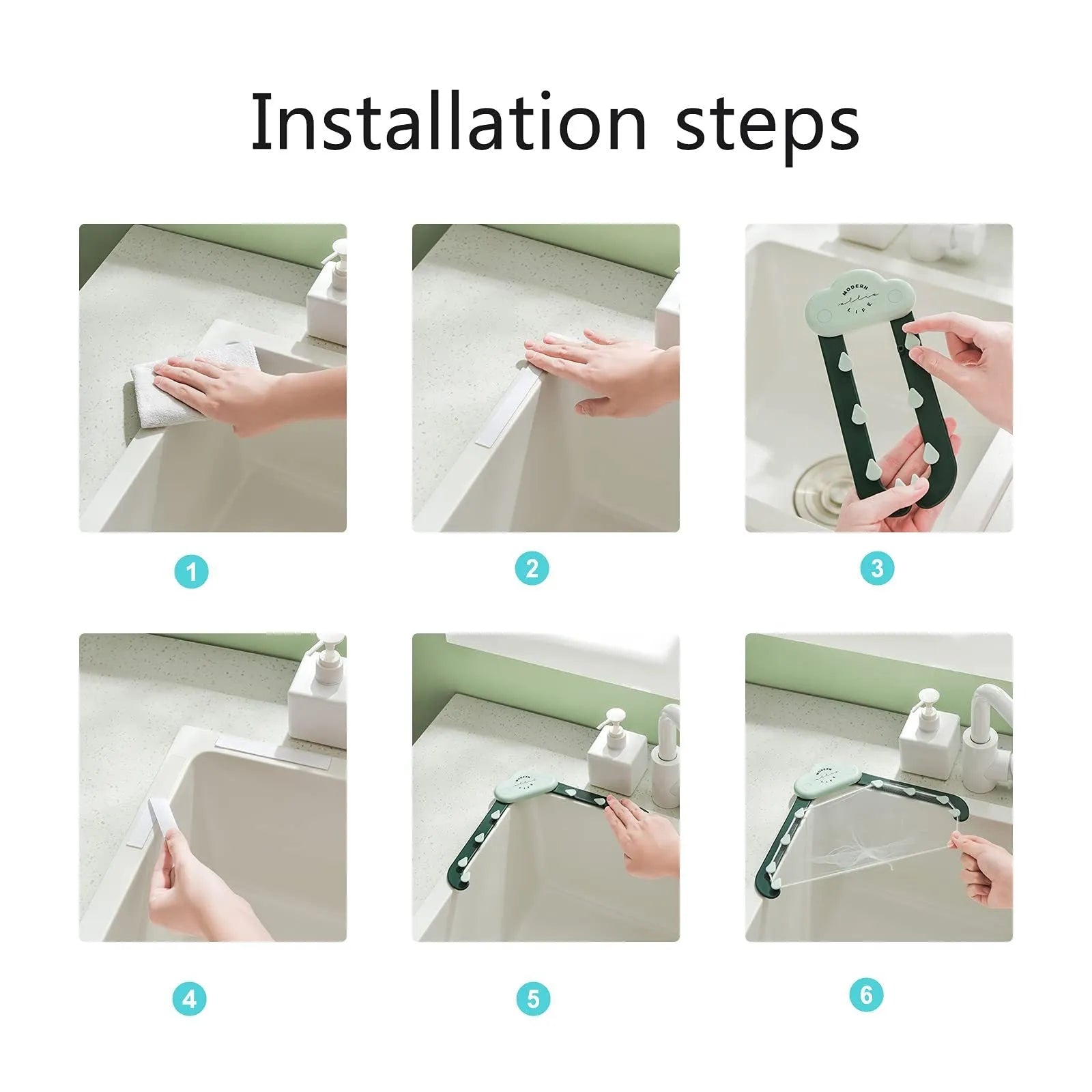 Green triangular sink drain rack with mesh filter bag installed in a kitchen sink corner