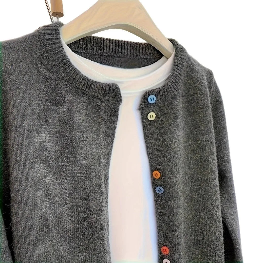 Dark grey women's polyester cardigan sweater with button front and long sleeves